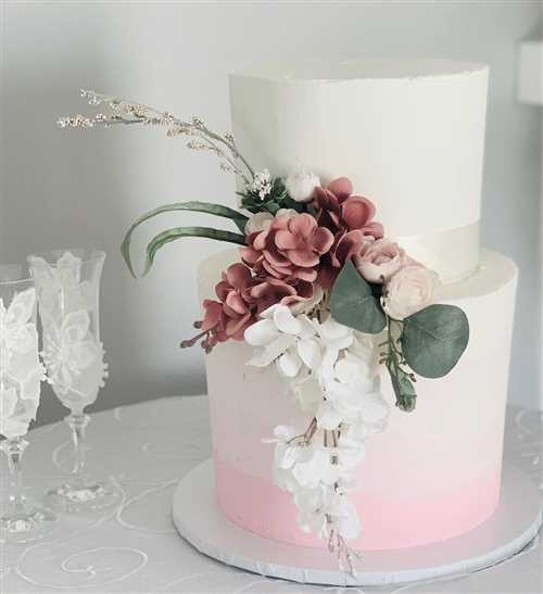 wedding cake ombre pink to white with live flowers